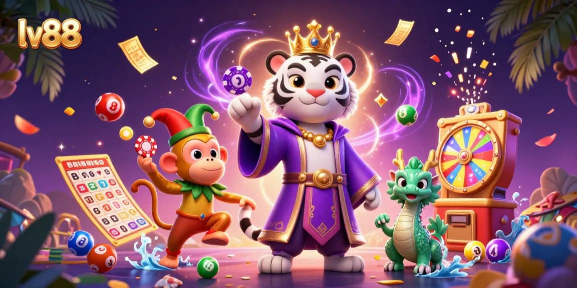 Join the excitement at lv88 with a white tiger, golden monkey, and jade dragon immersed in dynamic gaming elements.