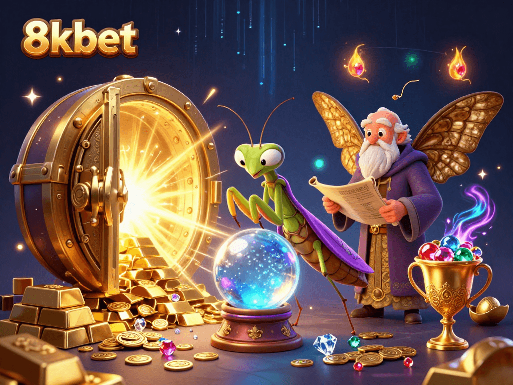 Experience thrilling wins at 8xbet with vibrant casino-themed illustration showcasing fortune tellers and treasures.