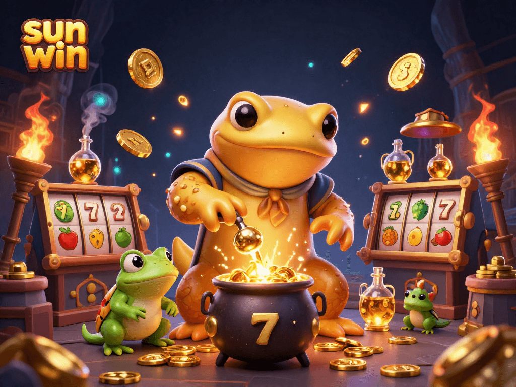 Win big with sun win at this vibrant 3D casino illustration showcasing an alchemist's gold creation.