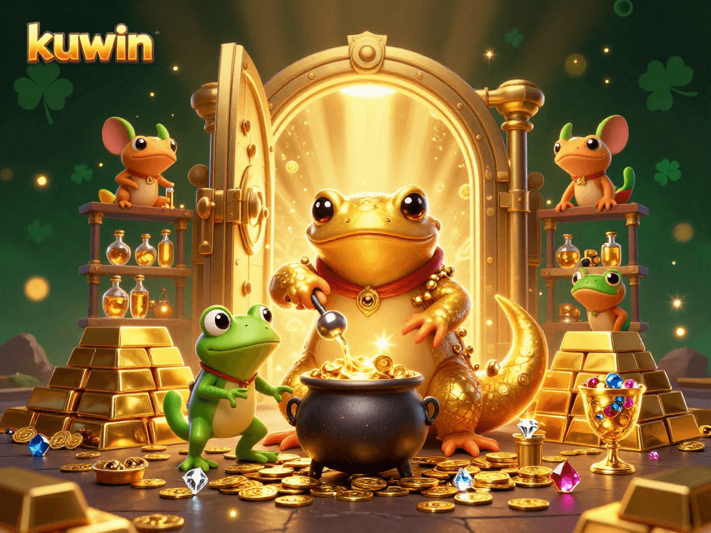 Engage with kuwin's thrilling gaming experience featuring vibrant 3D visuals and gold treasures in a dynamic casino scene.