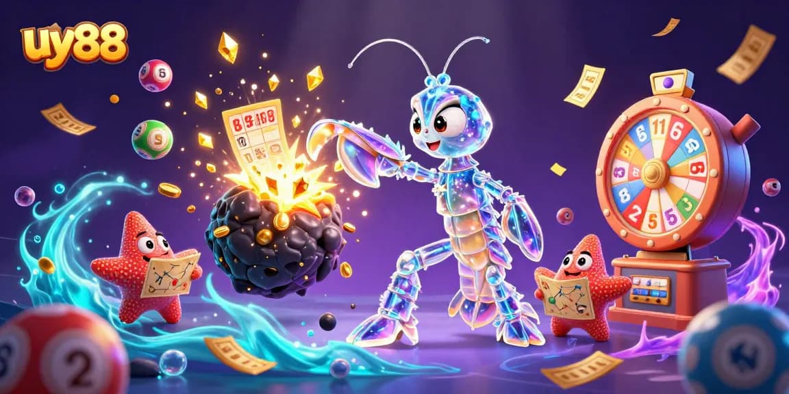 Engage with uy88's vibrant gaming scene, featuring dynamic lottery elements and colorful characters.