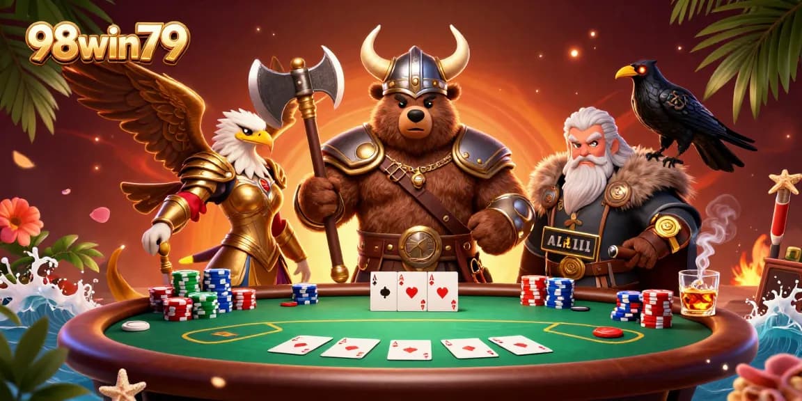 Engage in thrilling gameplay with 98win79 at a dynamic poker table featuring vibrant characters and chips.