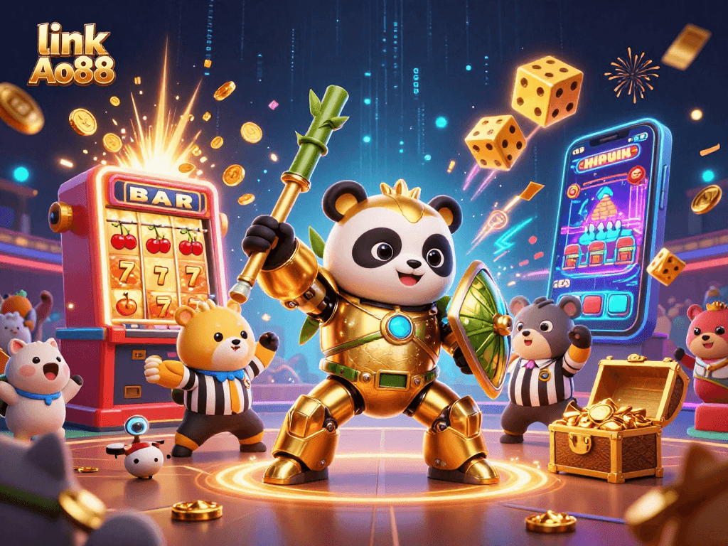 Experience thrilling gameplay with link Ao88 in a vibrant 3D casino scene filled with jackpots and excitement.