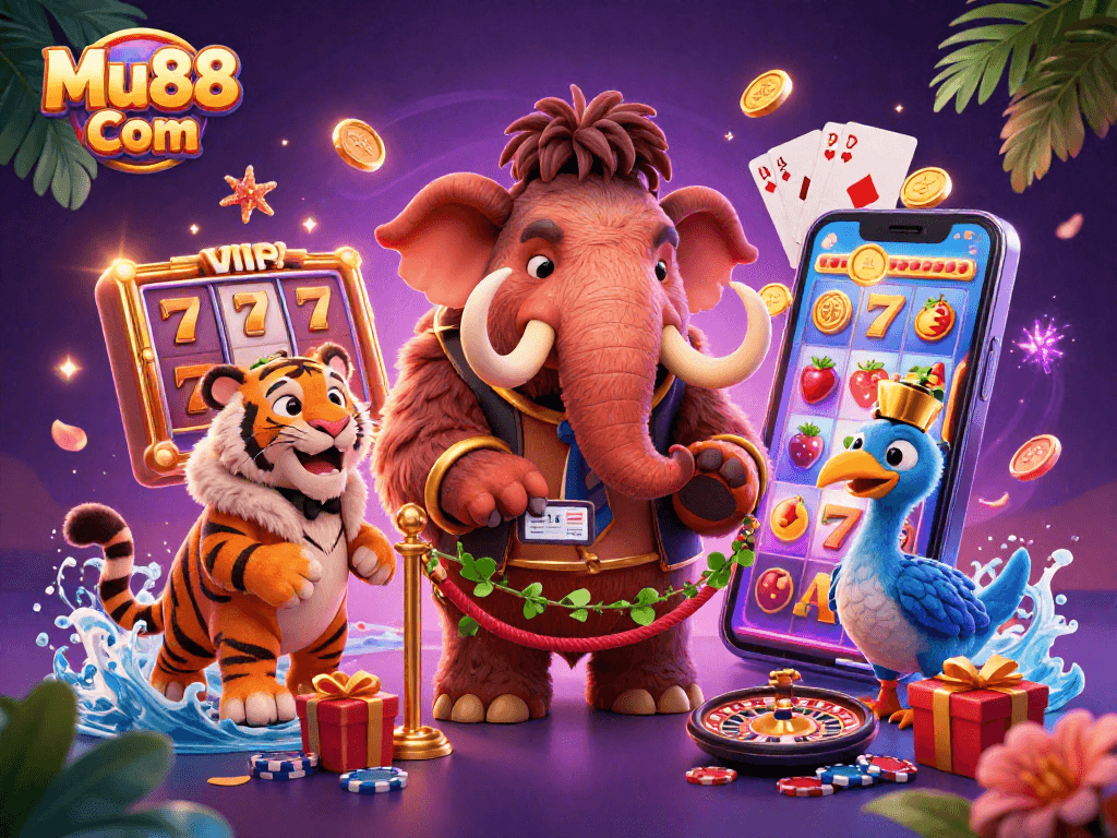 Mu88 Com showcases vibrant slot gaming with engaging characters, attracting players to the casino experience.