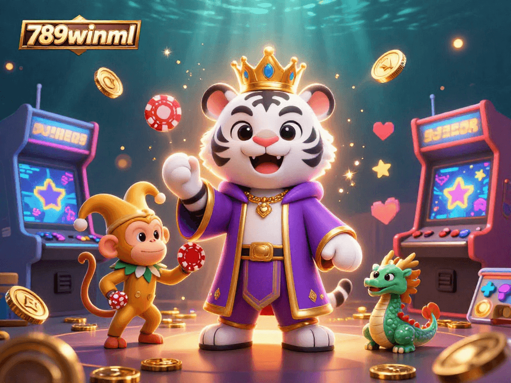 Engage with 789winml's vibrant, dynamic casino scene featuring a royal tiger, jester monkey, and jade dragon amid gaming machines.
