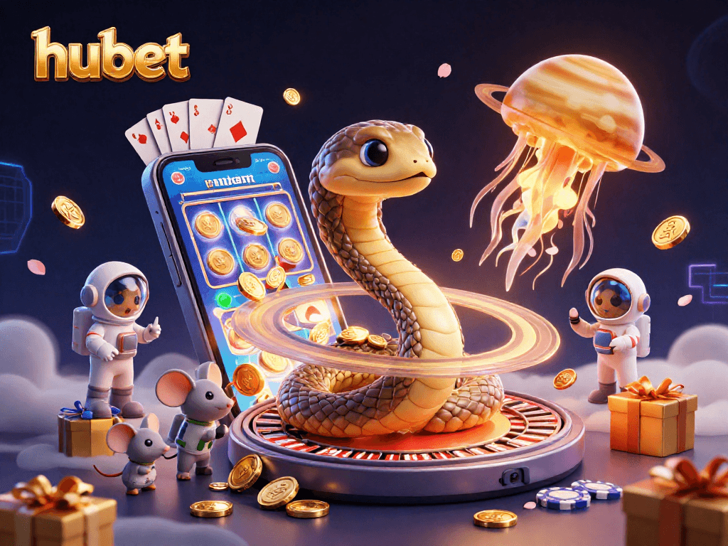 Experience thrilling bets with hubet's cosmic casino featuring a roulette wheel and slot games.