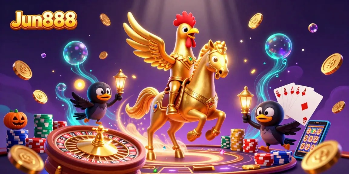 Win big with Jun888 in a vibrant, action-packed casino scene featuring golden treasures.