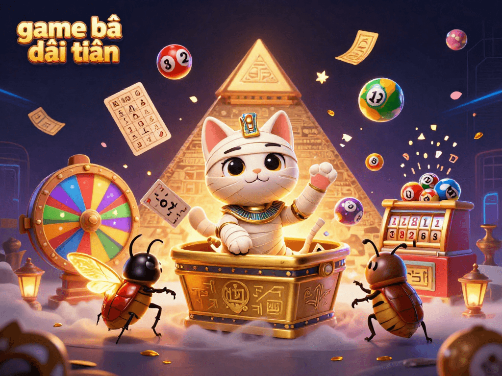 Exciting game bài đổi thưởng scene featuring an Egyptian mummy cat and vibrant lottery elements.