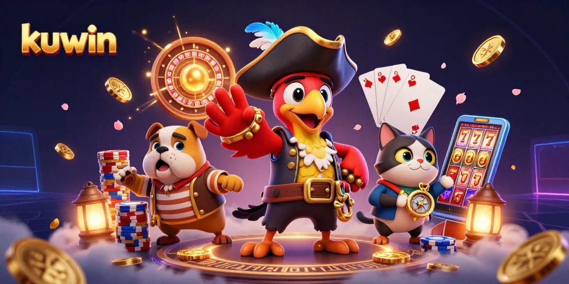 Kuwin casino illustration featuring a pirate captain, bulldog, and cat with glowing casino elements