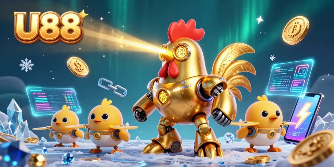 Experience thrilling gaming at U88 with a vibrant 3D illustration featuring a futuristic rooster and crypto elements.