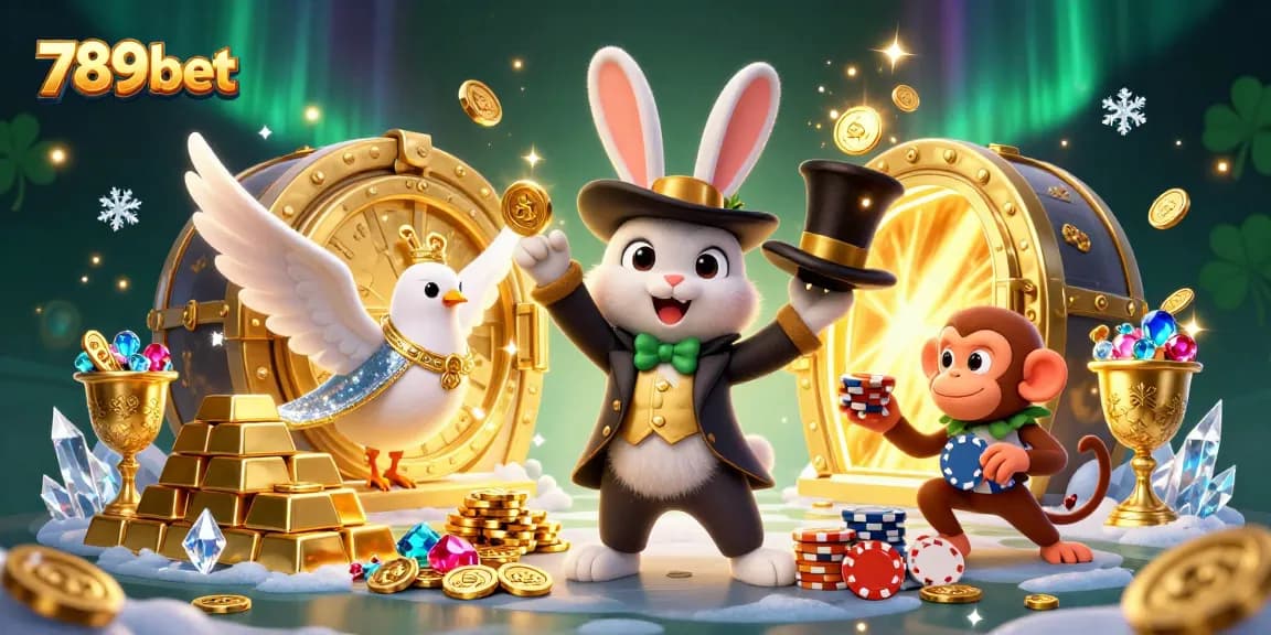 Experience thrilling wins with 789bet's 3D magician rabbit and dazzling treasures in this enchanting casino scene.