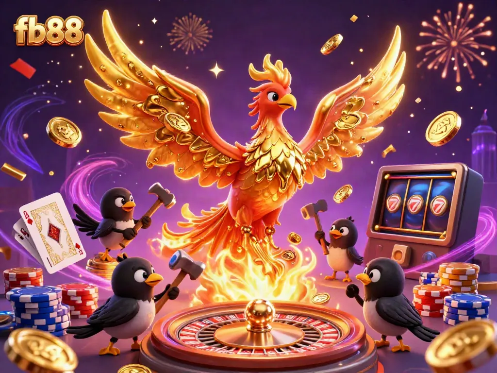 Experience the excitement of fb88 as a golden phoenix emerges among flying coins, cards, and vibrant casino elements.
