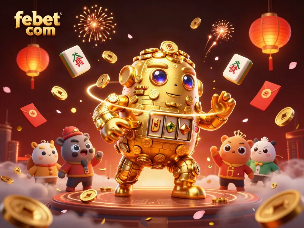 Experience thrilling gameplay at febet com with a captivating golden golem amidst vibrant casino elements.