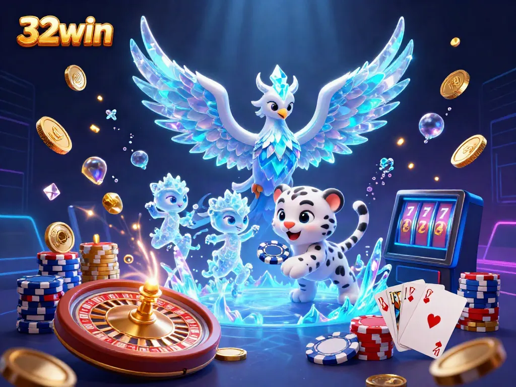 Experience the vibrant joy of 32win as glowing sprites celebrate a casino win alongside an ice phoenix.