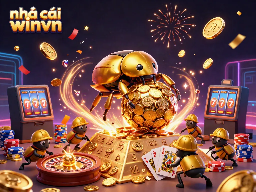 Experience thrilling wins at nhà cái winvn with a dynamic 3D casino scene featuring golden coins and vibrant games.