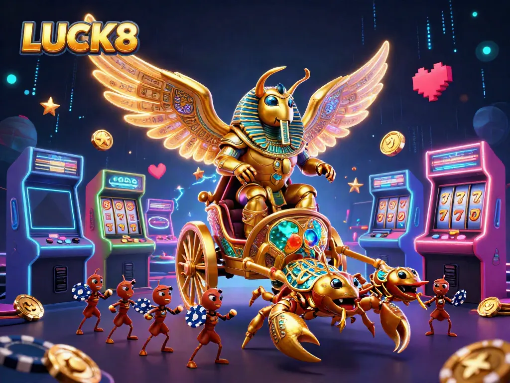 LUCK8 features a dynamic casino illustration with gaming elements and lively characters.