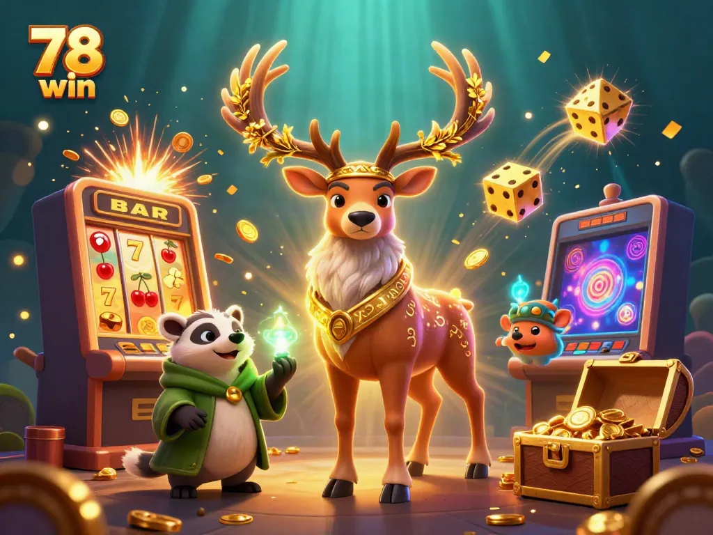 Experience thrilling 78 win moments with a vibrant slot machine and animated characters in action.