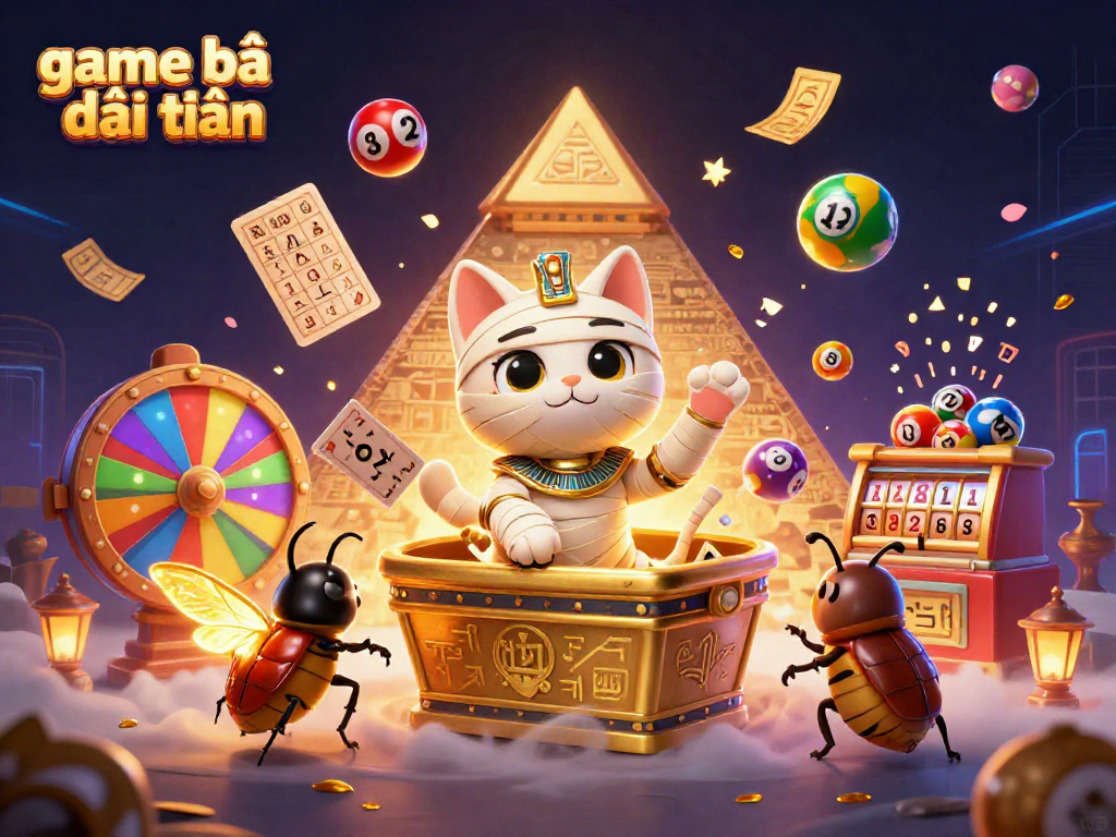 Exciting game bài đổi thưởng scene featuring an Egyptian mummy cat and vibrant lottery elements.
