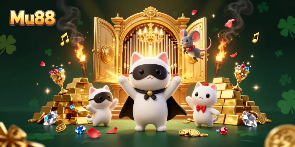 Engage in thrilling Mu88 gameplay with vibrant carnival characters at a luxurious casino backdrop.