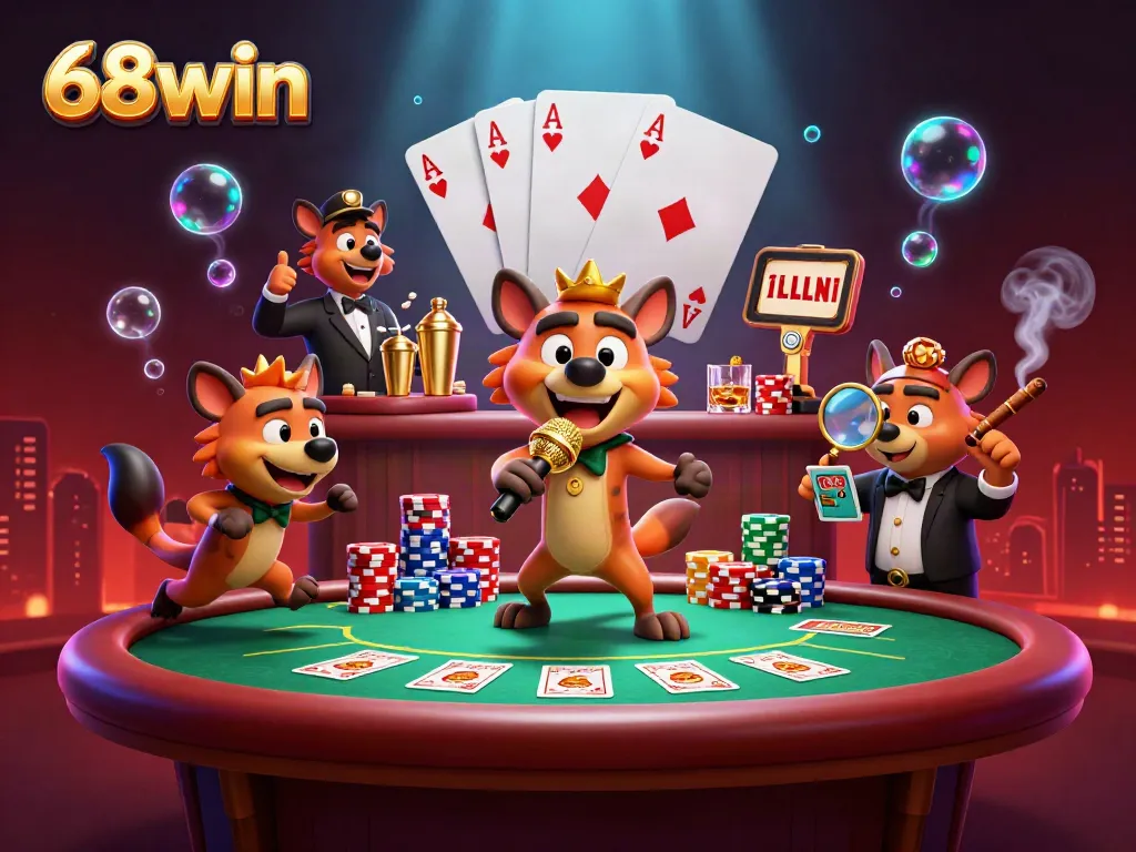 Engage in lively casino action at 68win with entertaining hyena characters in a comedic setting.