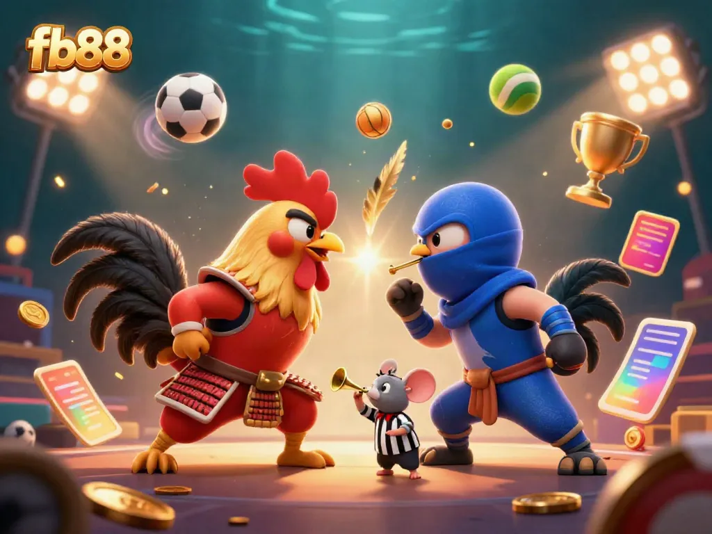 Engage in exciting fb88 betting with twin roosters in samurai and ninja attire amidst dynamic sports elements.