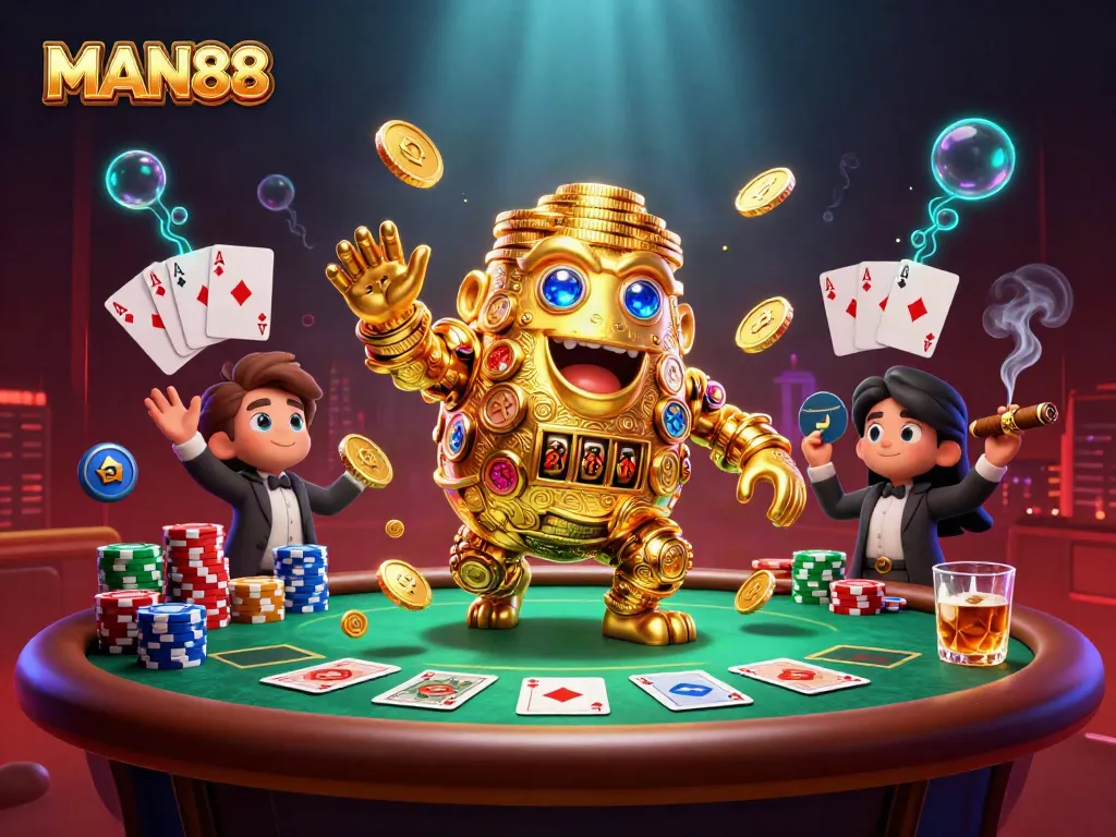 Experience MAN88 with a vibrant golden golem and poker elements in this dynamic casino scene.