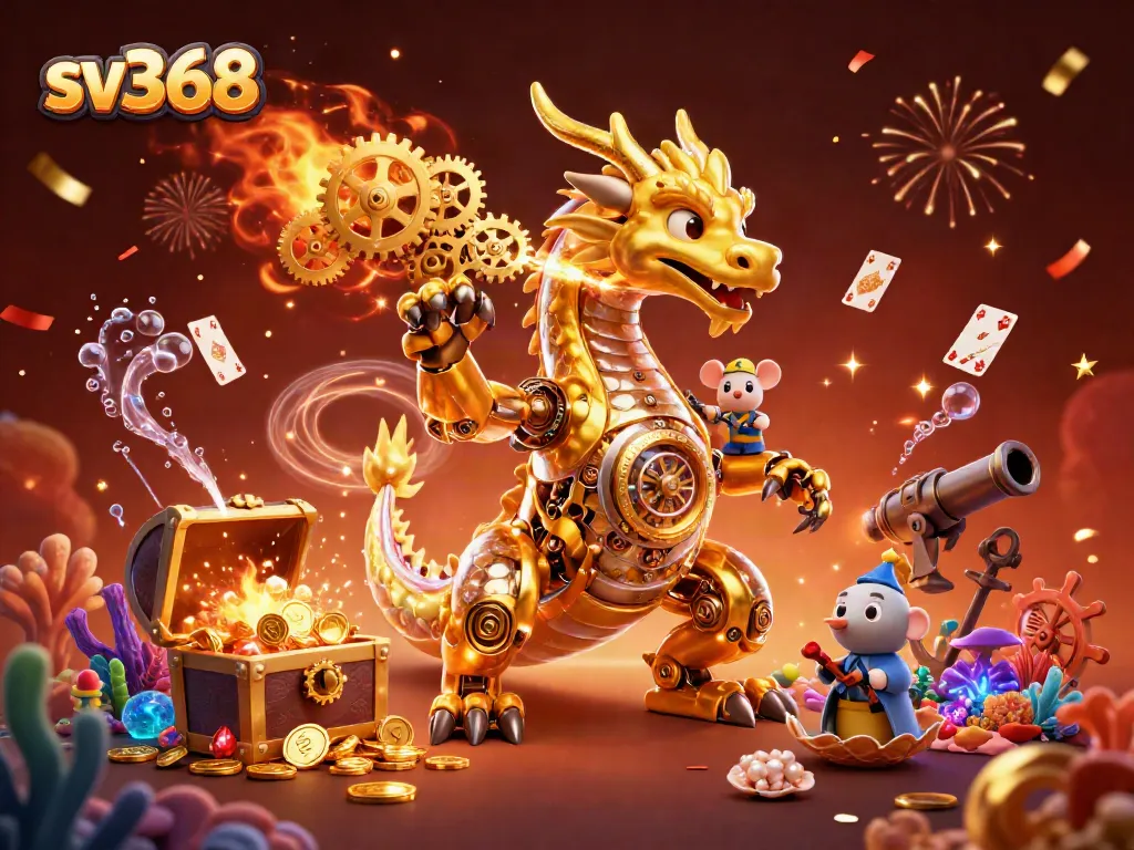 Experience thrilling gameplay with sv368's golden dragon breathing cogs, treasure chests, and casino elements.