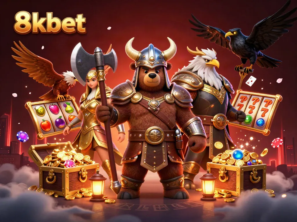 Engage with thrilling action on 8xbet featuring a Viking bear, Valkyrie eagle, and dynamic gaming elements.
