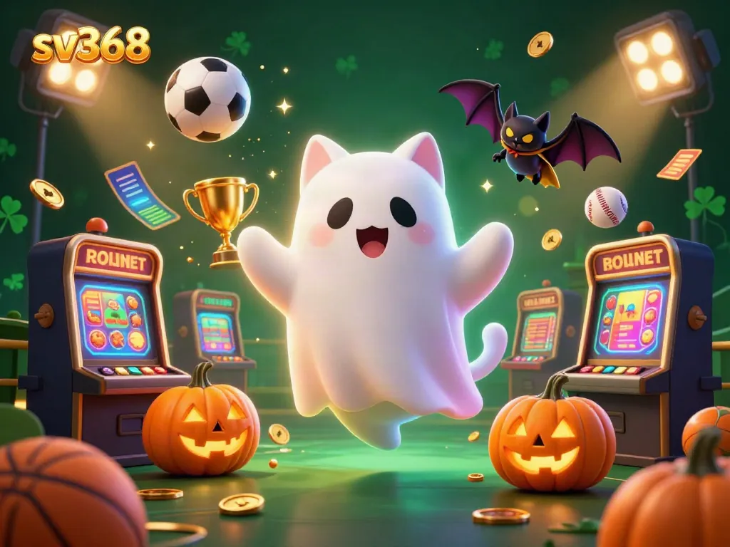 Play and win at sv368 with a ghost cat and vampire bat in a vibrant casino scene.