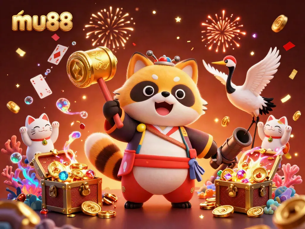 Experience exhilarating gaming moments at mu88 with vibrant casino illustrations featuring a cheerful tanuki and lucky symbols.