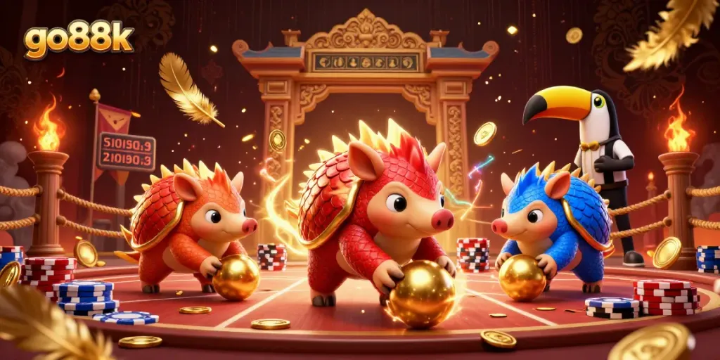 Engage in thrilling action with go88k's vibrant pangolin rivals celebrating poker wins in a dynamic casino scene.