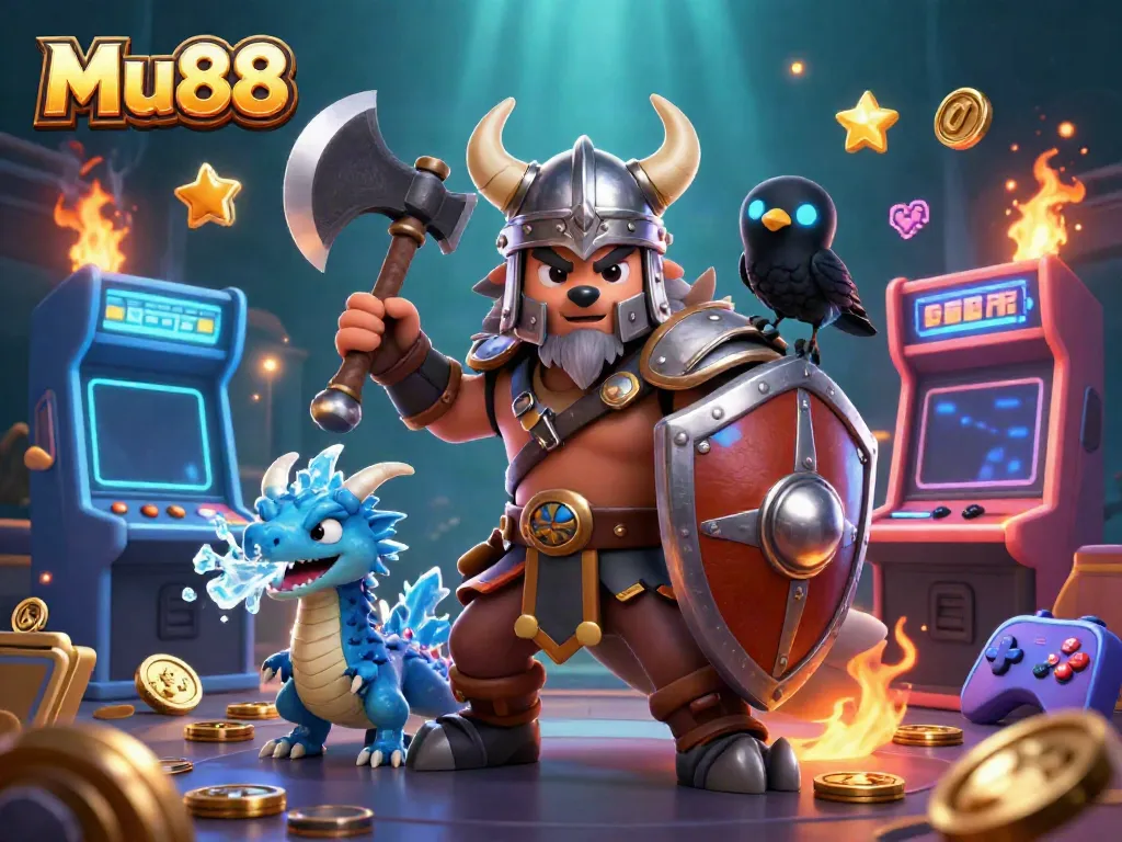 Engage in thrilling online gambling at Mu88 with vibrant 3D characters and arcade elements.