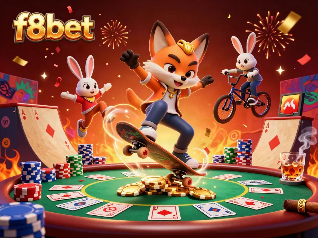 Experience thrilling gameplay with f8bet's vibrant 3D gaming scene featuring imaginative characters and iconic casino symbols.