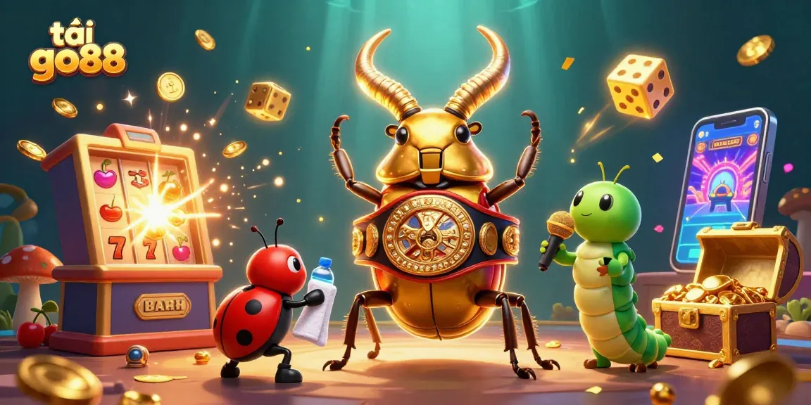 Tải go88 with golden stag beetle battling amidst overflowing slot jackpots and casino excitement.