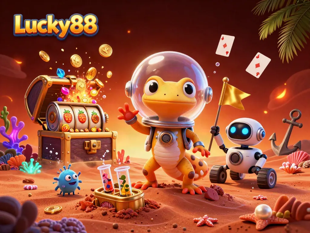 Experience thrilling casino adventures with Lucky88 in this vibrant 3D illustration.
