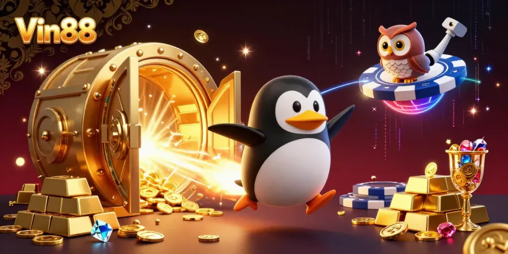 Experience Vin88 excitement in a rich 3D casino world with golden treasures, vibrant characters, and dynamic action.