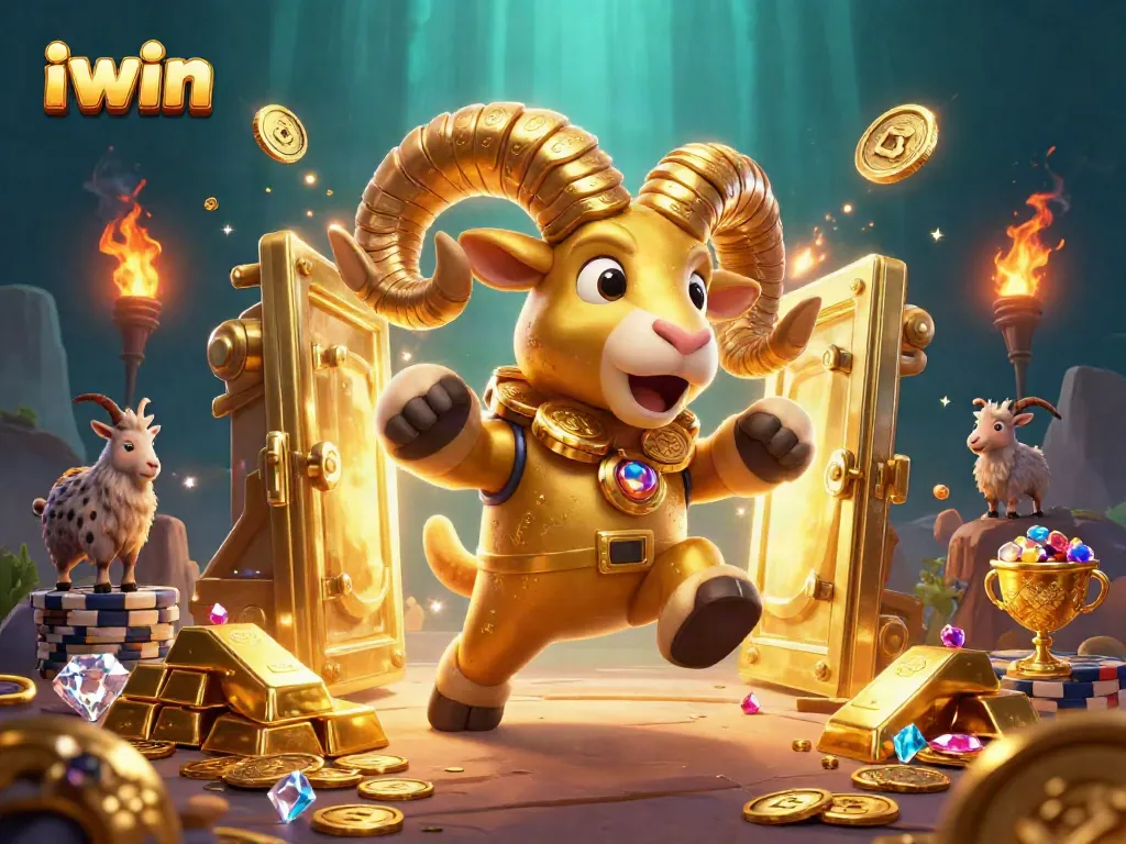 Engage with iwin's vibrant casino world, featuring an energetic ram amidst treasure and gold.