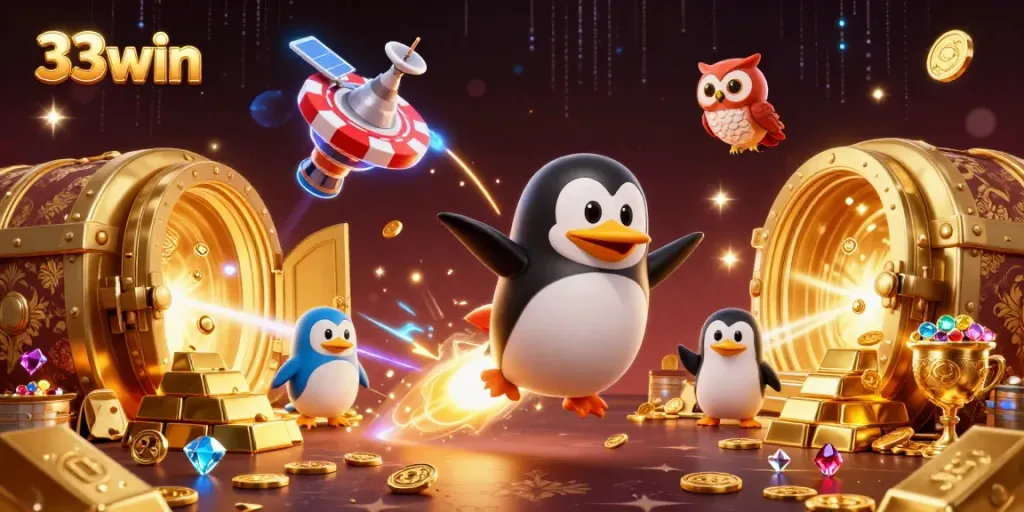 Experience the thrill of 33win with a golden penguin racing toward a casino space station, surrounded by treasures.