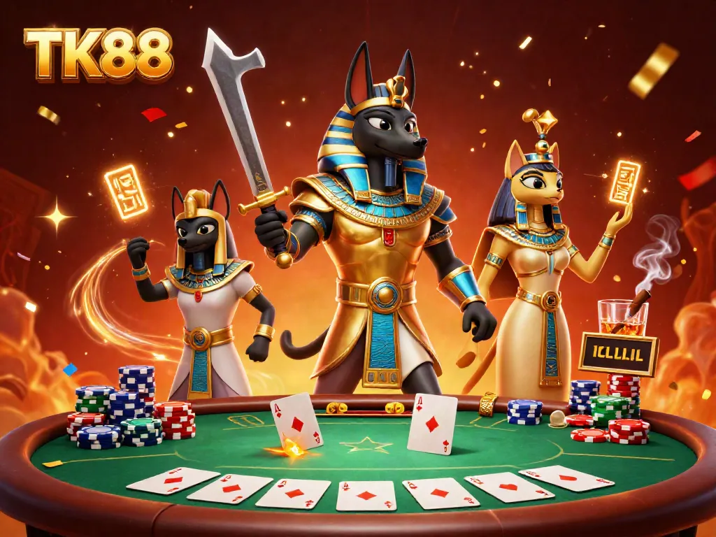 Experience thrilling gameplay at TK88 with Anubis and Bastet amidst an exciting casino scene.