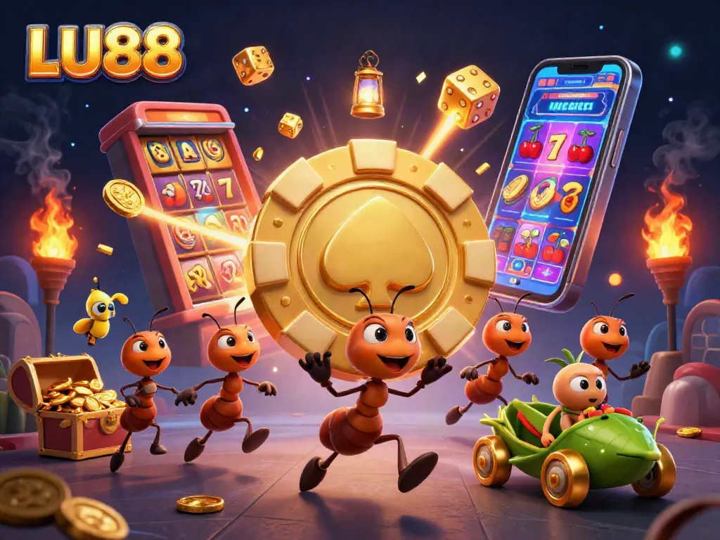 LU88 casino heist scene with cartoon ants, golden poker chip, and jackpot explosion