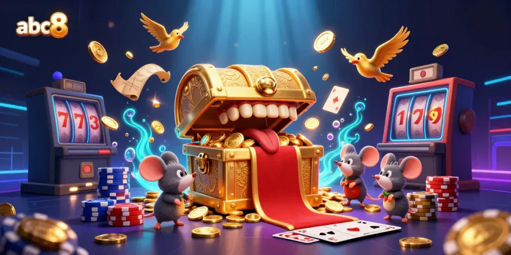 Experience thrilling wins with abc8 at a vibrant casino scene featuring golden treasures and games.
