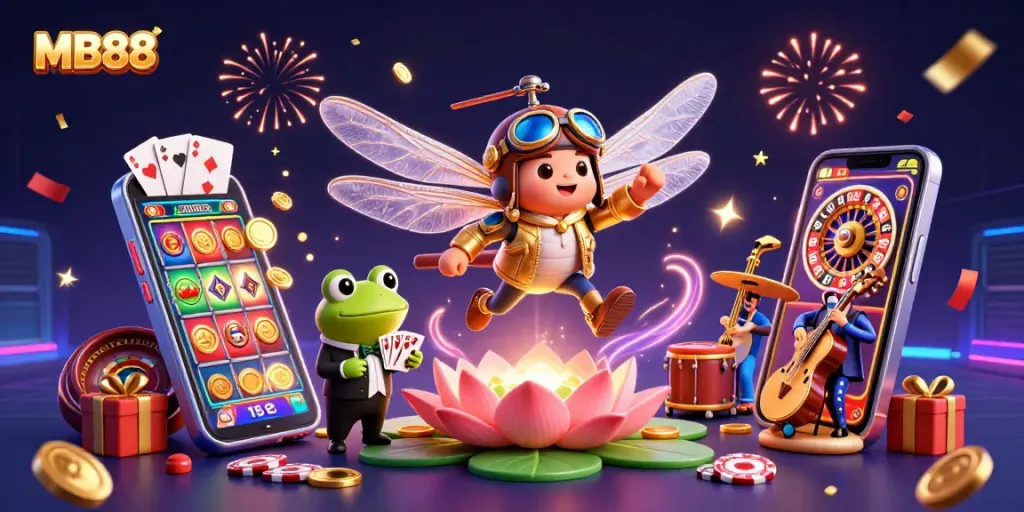 Engage in exciting gaming with MB88, featuring an animated casino scene with lively characters and vibrant elements.