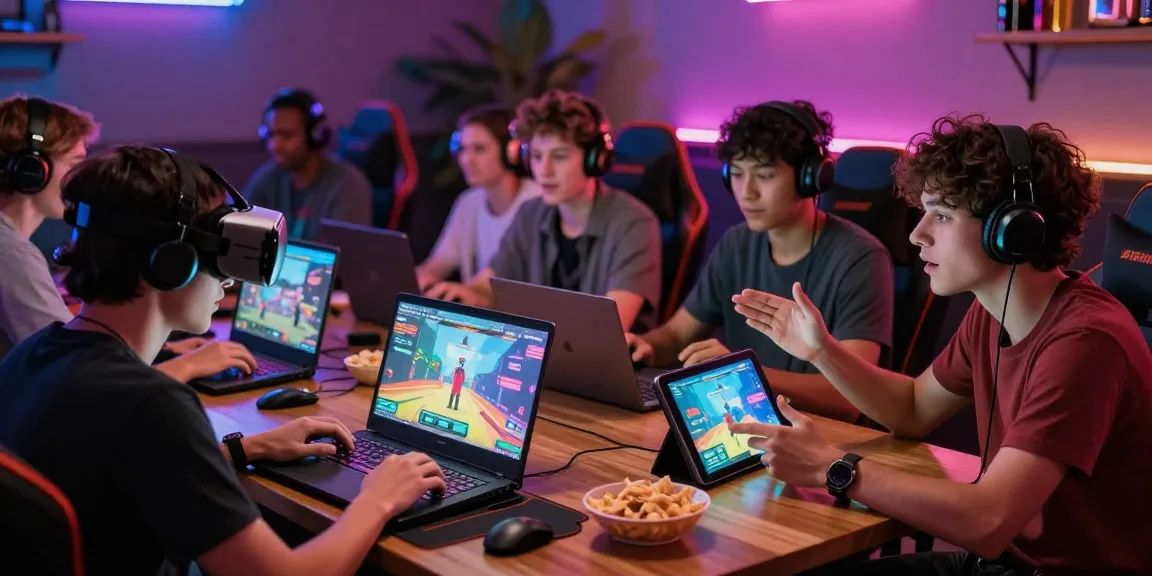 Intense gaming session featuring players exploring various porno games in a vibrant digital lounge.