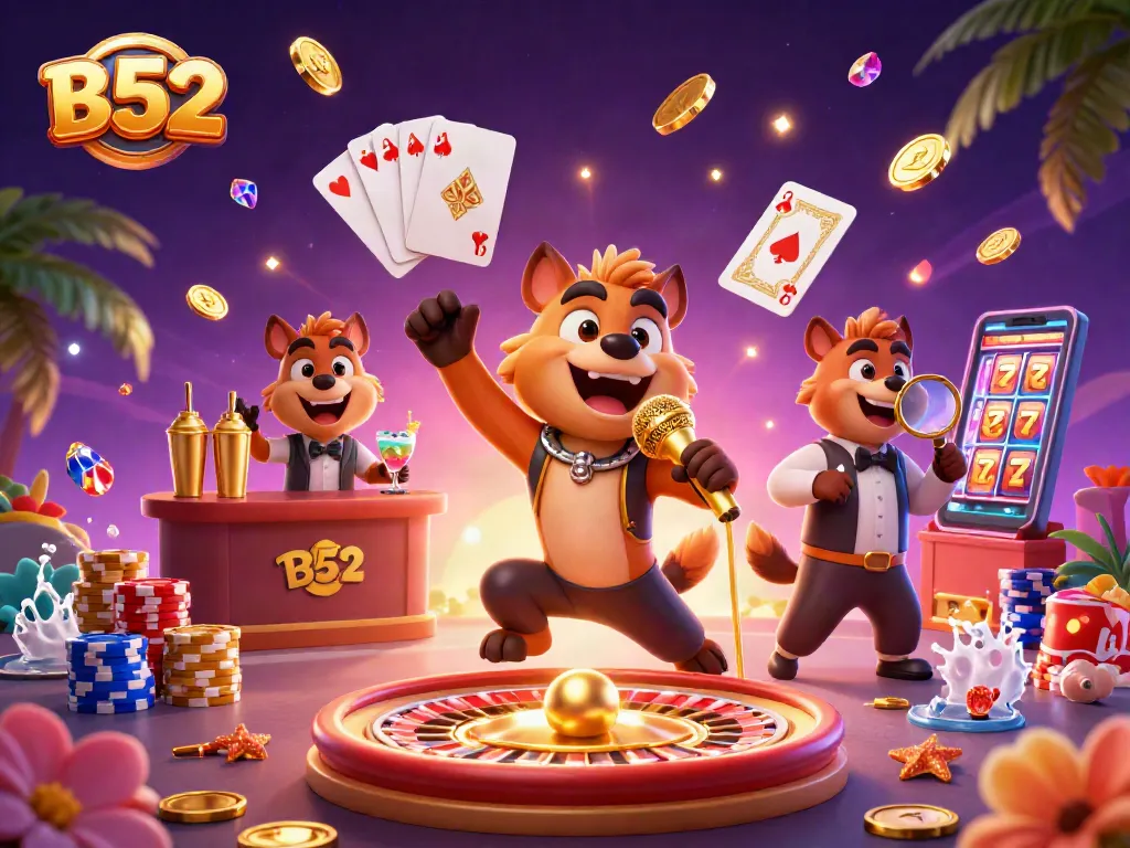 B52-themed casino scene with animated hyenas, showcasing comedy, bartending, and security in a vibrant setting.