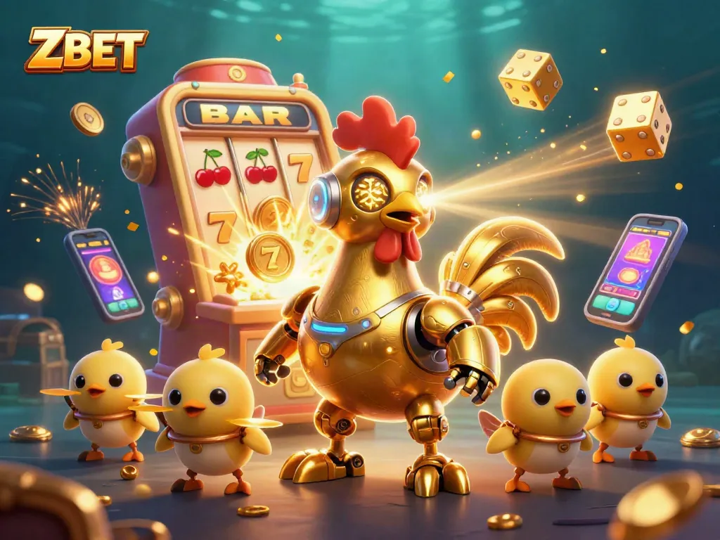 Engaging Z BET gaming experience with golden rooster and baby chick drones amidst vibrant casino elements.