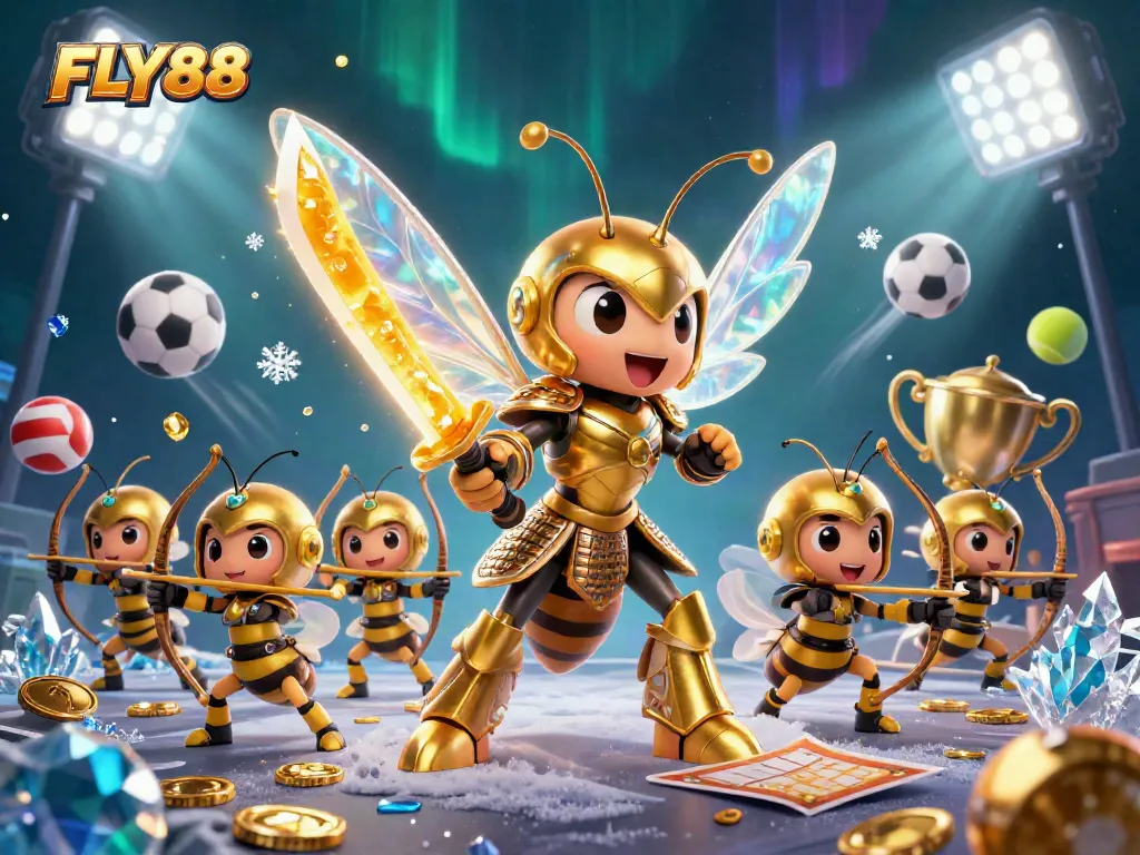 Experience the thrill of FLY88 with a golden hornet samurai and dynamic sports elements in a vibrant casino scene.