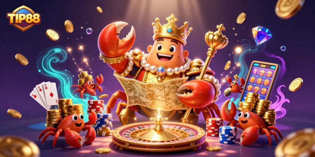 Engage with TIP88's vibrant casino scene featuring a golden crab emperor among colorful game elements.