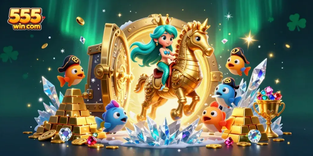 Experience vibrant gameplay at 555win com with cartoon characters in a treasure-filled underwater adventure.