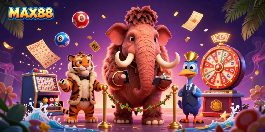 Engage with MAX88's vibrant lottery scene featuring a colorful bouncer and a VIP guest.