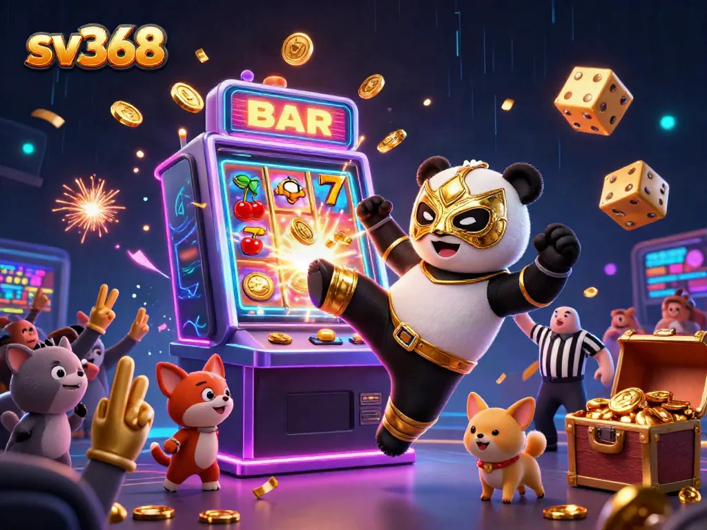 Experience the thrilling action at sv368 with a dynamic scene of a panda wrestler, a chihuahua referee, and exciting casino elements.
